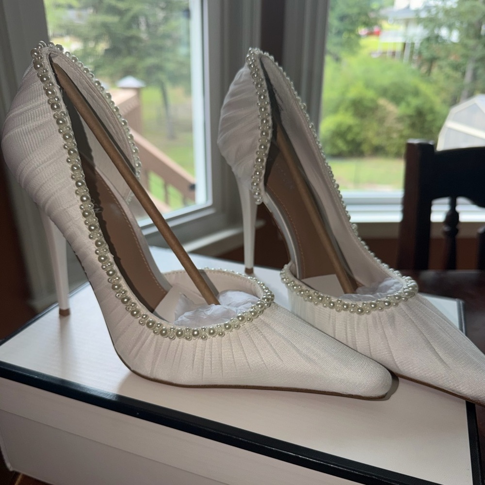 Steve Madden Ivory Pearl-Trim Stiletto Heels